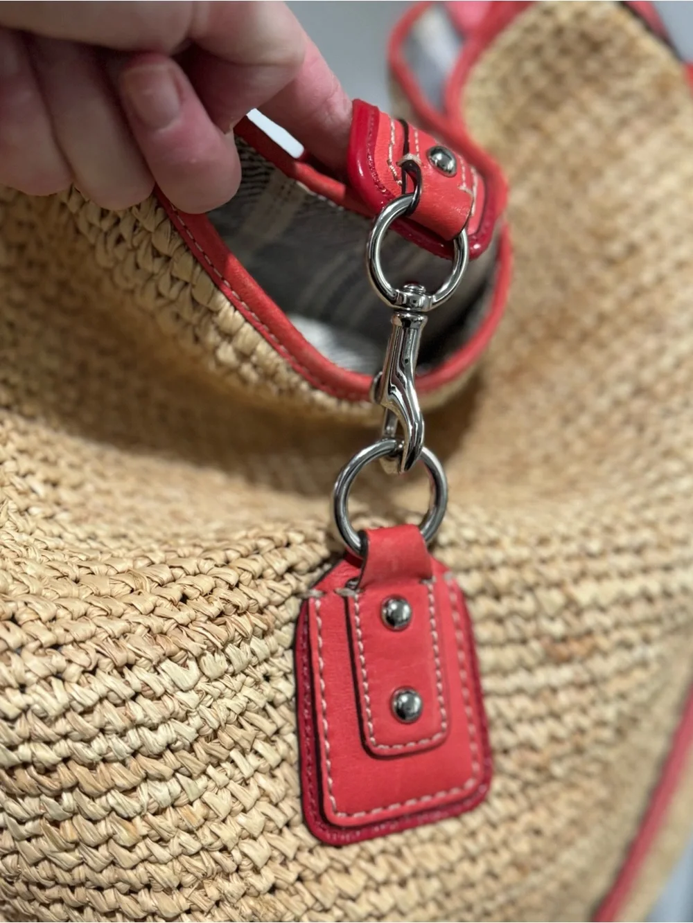 Coach Straw Hobo Bag with Coral Trim